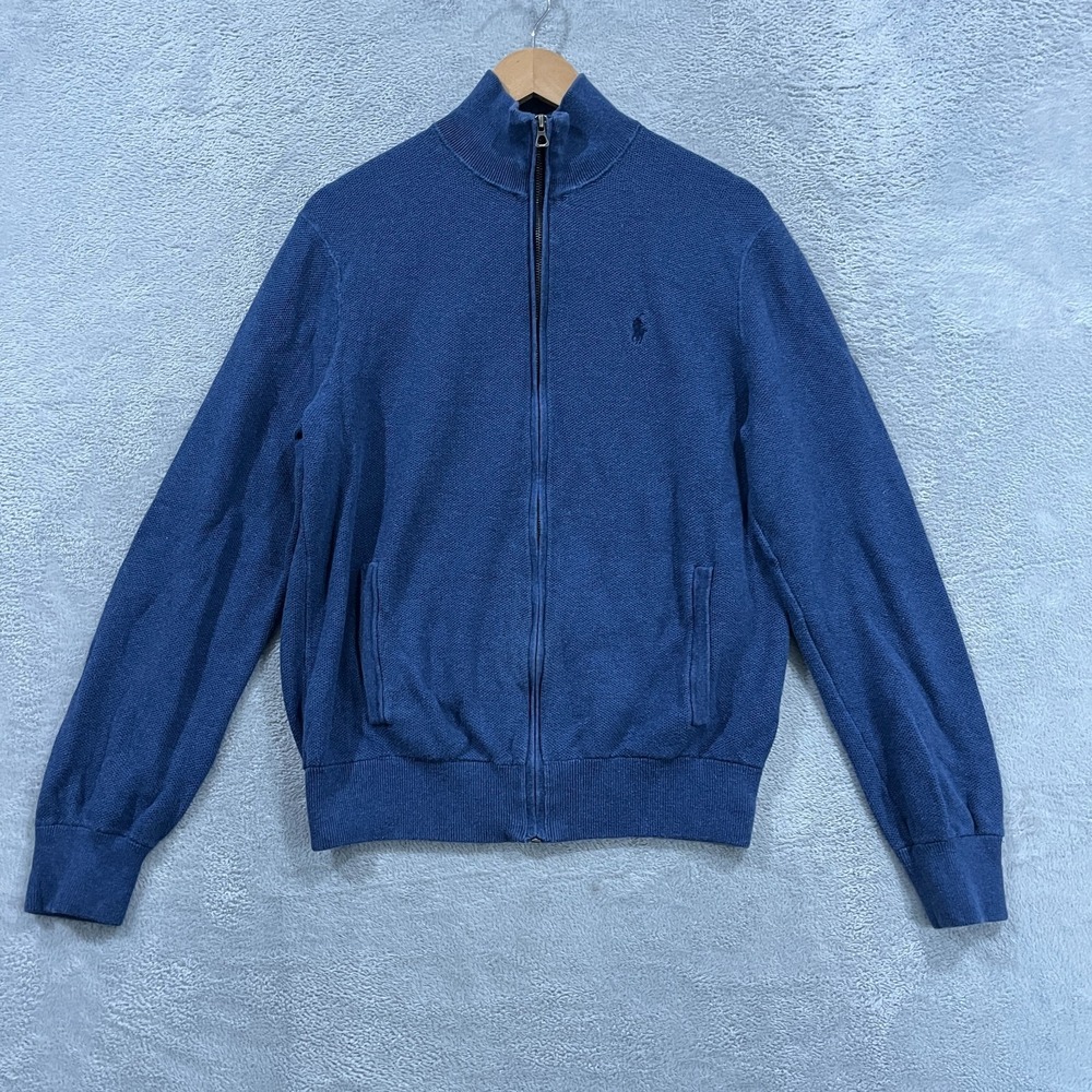 Polo Ralph Lauren Sweater Mens Large Blue Pima Cotton Knit Pony Logo Full Zip